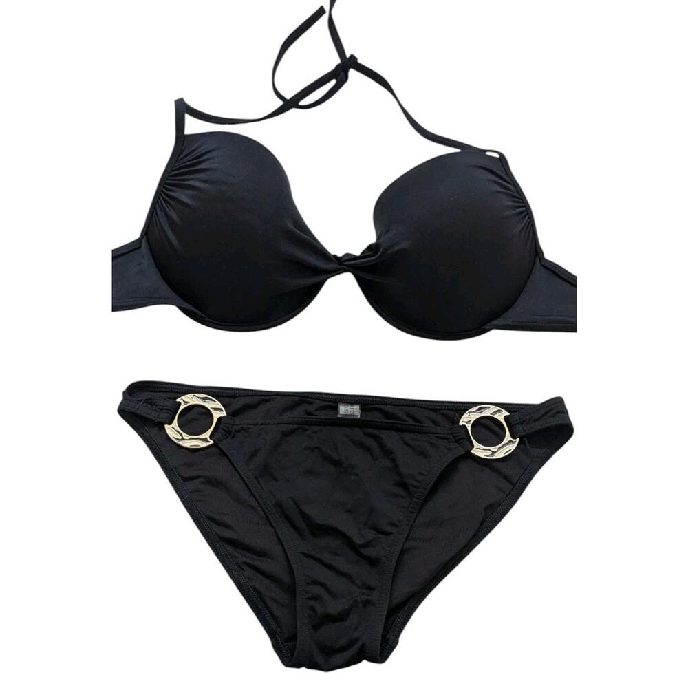 Victorias Secret Swimsuit Bombshell Bikini Set S 38D Black Gold Ring Push Up